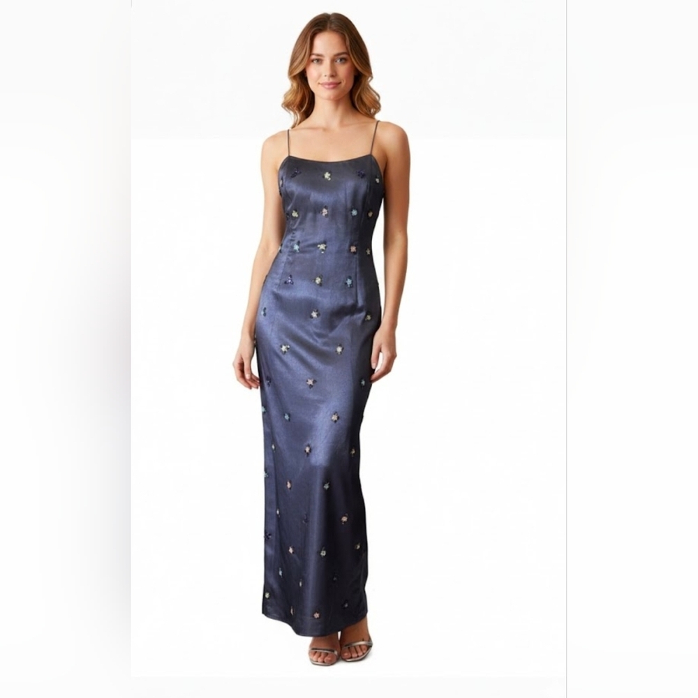 Papell Boutique Evening Flower Bead Embroidered Maxi Dress Size 12 Y2K Fairycore